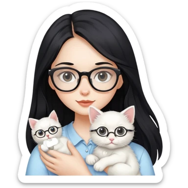 Beautiful girl with long black hair and glasses holding a white kitten sticker