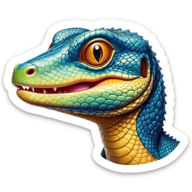 Cinematic Realistic Comical Monitor Lizard Portrait Emoji, Head tilted dramatically with an exaggeratedly amused expression, featuring a striking, glossy scaled hide with bold, angular textures and wide, expressive eyes full of playful disbelief, rendered with lifelike precision and natural vibrant hues, high shine, dramatic yet playful, styled with an air of cheeky wilderness mischief, soft glowing outline, capturing the essence of a spirited and over‐the‐top monitor lizard that looks ready to scurry its way into viral fame! sticker