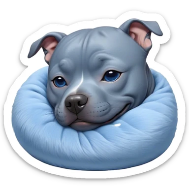 Meme-Worthy Cute Sleeping Blue Staffordshire Bull Terrier Portrait Emoji, Head resting peacefully with a contented smile, showcasing a delightfully compact build and a luxuriously soft blue Fur, eyes shut in a serene nap, Simplified yet hilariously adorable features, highly detailed, glowing with a soft, drowsy light, high shine, relaxed and utterly lovable, stylized with an air of playful laziness, bright and heartwarming, soft glowing outline, capturing the essence of a comically sleepy guardian, so meme-worthy it feels like it could instantly become the next viral sensation of adorable slumber! sticker