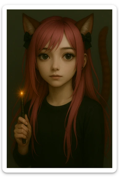 Change the character's facial expression to neutral with a calm and relaxed look, maintaining the emo style, pink hair, magical accessory, and sparkles. Render in a realistic anime style. sticker