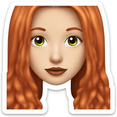 straight long red hair,red lipstick red,green eyes, white skin and a small nose sticker