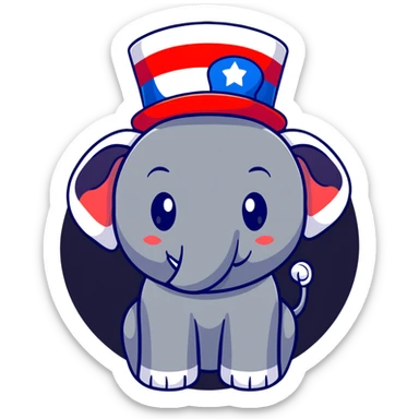 cute red elephant, simple flat design, round shape, patriotic top hat, cartoon sticker style sticker