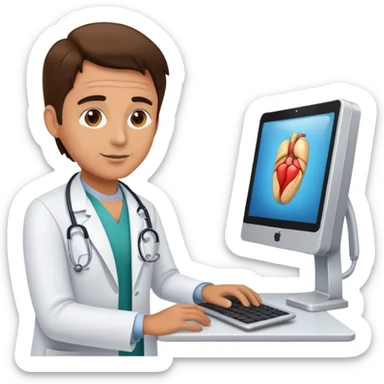 doctor at a computer communicating with a patient sticker