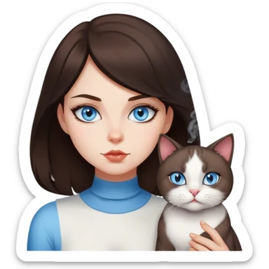 brunette blue eyed girl with smoking cat sticker