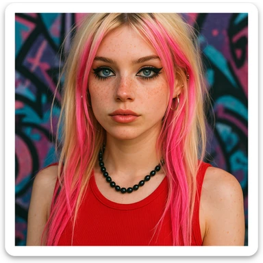 Punk Y2K blonde girl, blue eyes, long hair with pink highlights, subtle black eye makeup, freckles, fake eyelashes, red top, black necklace. sticker