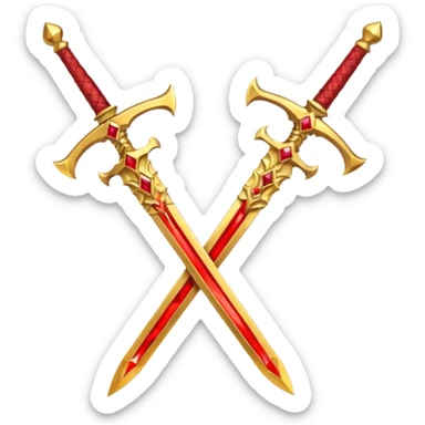 Two crossed swords that are golden in blade and handle and have fiery and royal appearence to them as well as red gem stones yellow in color sticker