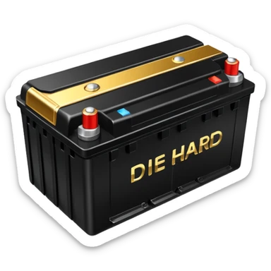 black car battery with the name 'Die Hard' and gold force around it, emphasizing power sticker
