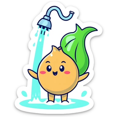 cute blushing onion character in shower, pink cheeks, shy expression, water pouring sticker
