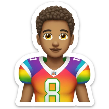 Lightskin boy with earrings wearing rainbow football jersey sticker