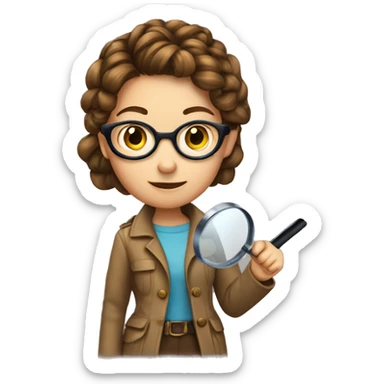 girl detective with brown braided hair, glasses and a magnifying glass sticker