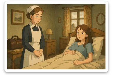 A british midwife from the 1940s standing at the bedside of a pregnant young mother who is about to give birth.  The room is from the 1940s and the midwife has her medical bag on a table on the side. sticker