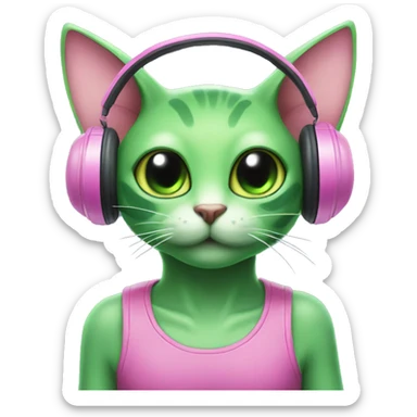 green alien cat in pink headset with cat ears sticker