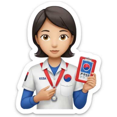 A young Asian guide holding her tour license in both hands, wearing a white shirt with the South Korea badge on her chest. sticker