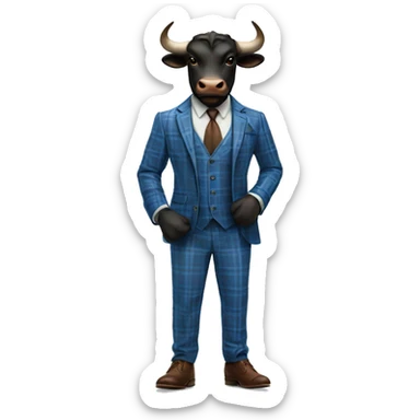 Black Bull with horns standing up wearing blue plaid 3 piece suit with brown leather shoes sticker