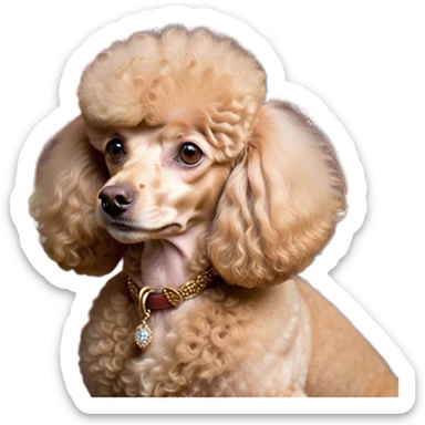 Cinematic Noble Apricot Poodle Portrait Emoji, Poised and regal, with a refined, elegant build and a meticulously groomed, curly apricot Fur, deep-set soulful warm eyes, Simplified yet sharp and sophisticated features, highly detailed, glowing with a soft, dignified glow, high shine, intelligent and graceful, stylized with an air of sophistication, focused and attentive, soft glowing outline, capturing the essence of a watchful and confident companion, so majestic it feels as though it could prance out of the screen with effortless authority! sticker