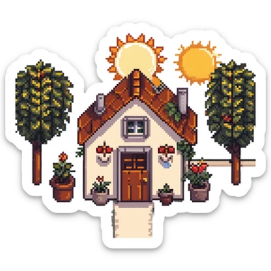 dream life as a pixel art scene with a small home, garden, and sun sticker