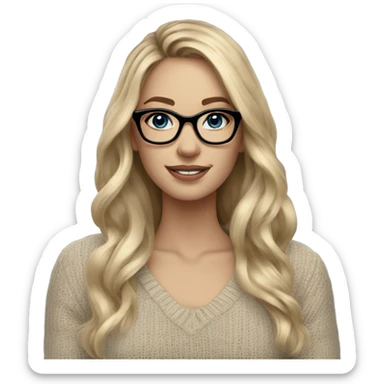 Blonde balayage long hair women blue eyes  beige sweater wearing black glasses  sticker