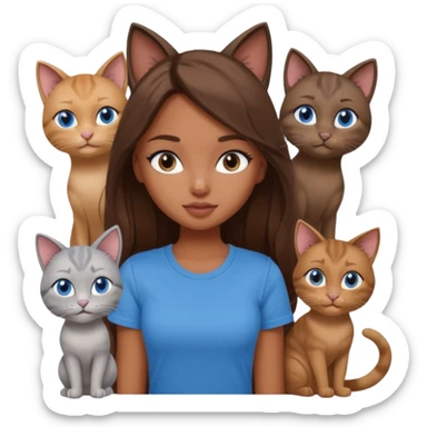 a pretty bratz dusky girl with long brown hair, blue eyes with six cats nd wearing a grey tshirt sticker