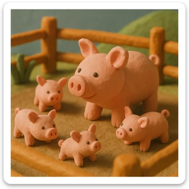claymation style pig in a pig pen with several piglets, playful, pastel colors, visible fingerprints, textured look sticker