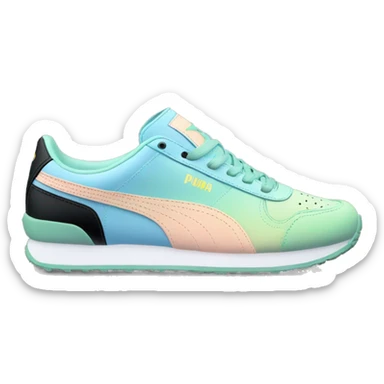 Realistic Isolated pair of pastel blue pastel green peach and black ombre Puma sneakers facing forward.  sticker