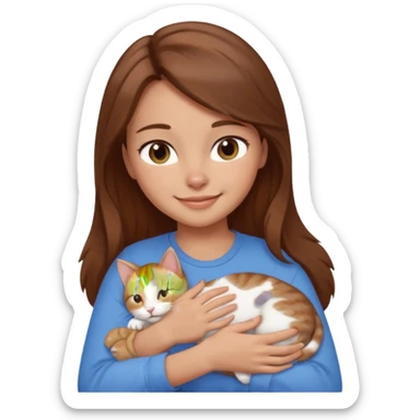 Create an emoji that has a girl wearing a blue shirt and brown hair snuggling a kitten. Smiling sticker