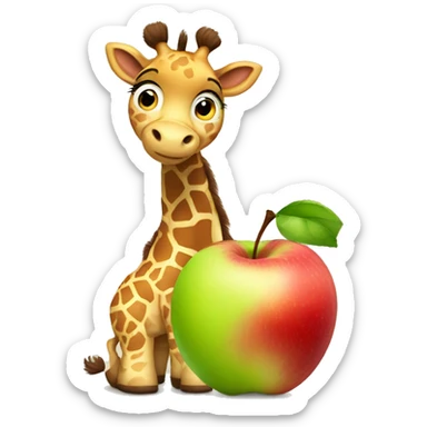 A cartoon looking baby Giraffe hugging a giant apple sticker