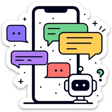 iPhone displaying WhatsApp interface with chat bubbles and a robot icon representing AI bot conversation sticker