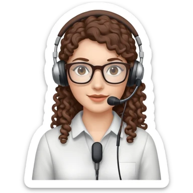 White female  Long Brown curly hair  Dark brown eyes  Small Square glasses  Headset with microphone sticker
