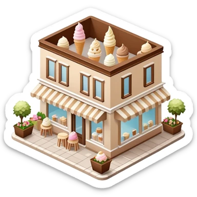 Isometric exterior little brown, beige, and white gelato ice cream shop, dollhouse style 3D realistic  sticker