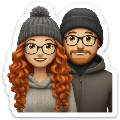 Red haired white couple kissing. Woman long hair with beanie. Man curly hair with glasses. sticker