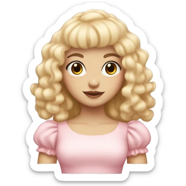 pale girl with bangs and long blonde curly hair and a pastel pink puff sleeve dress sticker