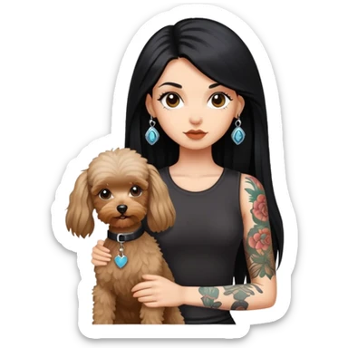 girl with long black  straight hair and tattoos and a  white Yorkshire and a brown poodle sticker