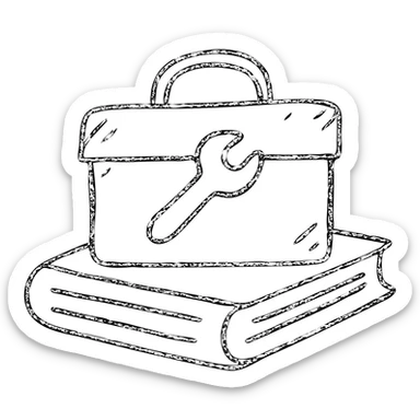 minimalist hand-drawn outlined icon representing Resources with books, toolbox, or stack of files, worn and distressed sticker
