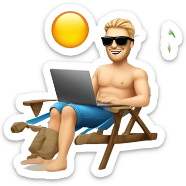 happy caucasian man in sunglasses working on laptop in beach chair, palm tree sticker
