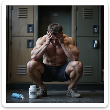 Powerlifter in locker room, sitting with head in hands, frustrated and painful expression, bottle of Stanozololo and ice pack nearby, suffering atmosphere, realistic details, locker room background sticker