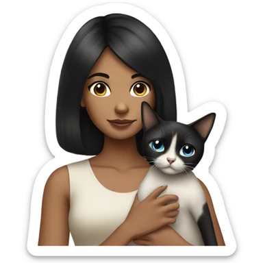 girl with black volume hair, holding siamese cat sticker