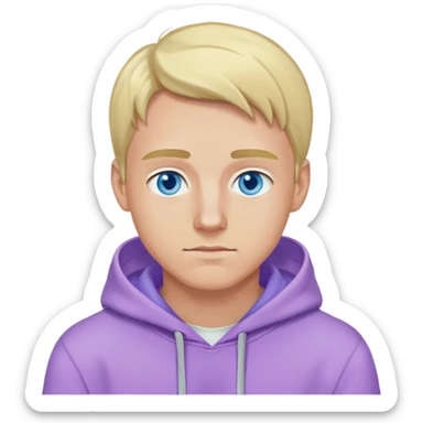 blonde man with blue eyes wearing a lilac hoodie sticker