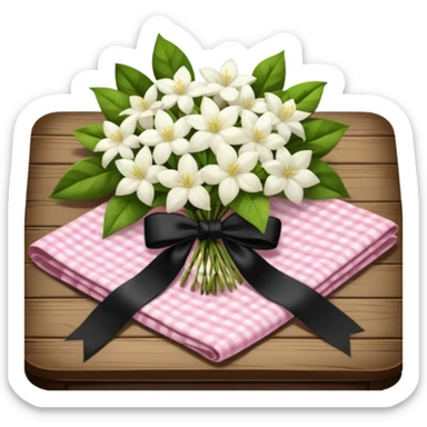 A lush bouquet of white color Jasmin black satin ribbon, resting on an antique wooden table, with a pale yellow and pink plaid pattern table cloth sticker