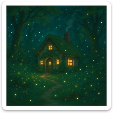 whimsical forest scene with glowing fireflies and a small cottage sticker