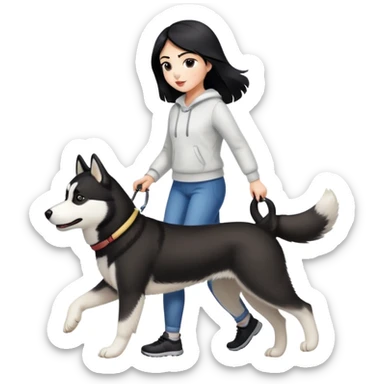 A black-haired girl walks a black and white husky sticker