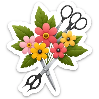 Minimalistic flat vector icon, iOS style, thin black contour on white background. Flower bouquet with leaves and scissors. No text, no shadows. sticker