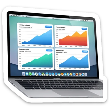 Create a macbook displaying financial analytics dashboards on the screen. sticker