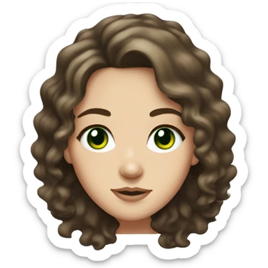 Brunette white girl with green eyes and medium length wavy hair and freckles on nose sticker