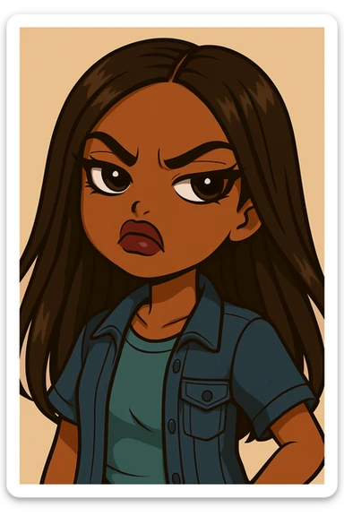 Remove the side-eye, make her look straight ahead with an angry, snooty attitude, nose turned up, headshot only, 20-year-old anime Bratz style woman with dark skin, straight hair, more casual outfit, big expressive eyes, glossy lips, no hat, no tears. sticker