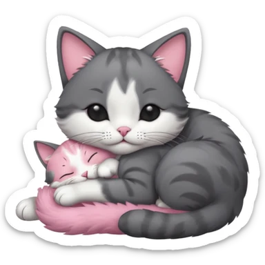 dark grey and white small cat with his eyes closed, leaning his head on his paw while leaning on his elbow lying down sticker