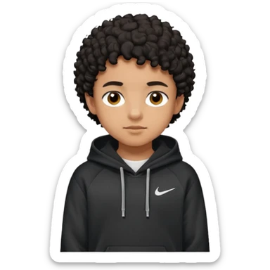 Light brown skinned boy with black curly short hair and brown eyes. Black nike hoodie sticker