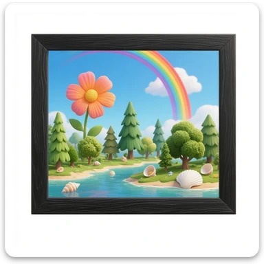Floating island, mirco-detailed, different type of trees, 6 colors in a  rainbows in sky, lots of vivid big oversized flowers, Off white seashells, soft magical lighting, 8K, no emoji icons, no emoji faces, still life in black wooden picture frame sticker