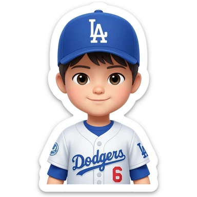 japanese toddler in a dodgers uniform with baseball cap sticker