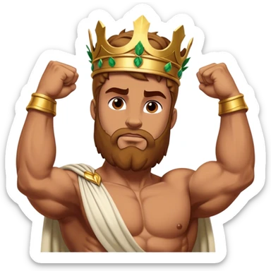 Cinematic Realistic Hercules Portrait, depicted with lifelike, sun-kissed skin and a robust, muscular physique that radiates both power and gentle nobility. His intense, kind eyes and regal expression are complemented by classical Greek attire and a laurel crown, rendered under dynamic lighting that highlights every chiseled detail. sticker