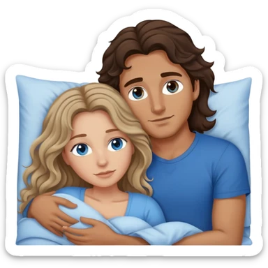 Man with dark brown wavy hair with brown eyes and one woman with long dark blond wavy hair with blue eyes in bed cuddling  sticker